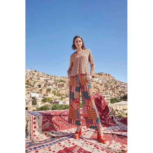 Etnik Desenli Saten Alt Üst Takım