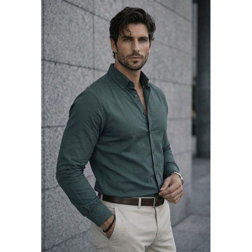 Likralı Regular Fit Nefes Alabilir Klasik Erkek Oxford Gömlek - Çam Yeşili