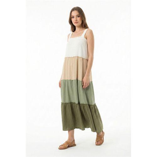 Askılı Kare Yaka Maria Renk Bloklu Yazlık Müslin Uzun Elbise Haki Hk