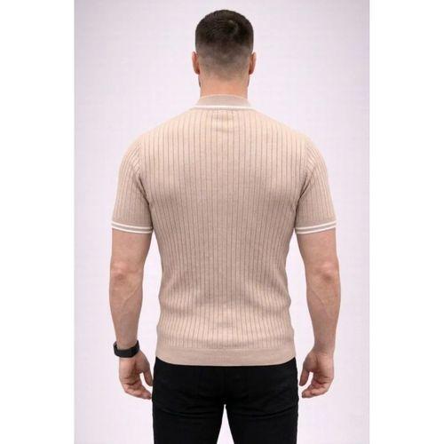 Erkek Fitilli Triko Dokuma Kısa Kol Tişört Yarım Boğaz Modern Yazlık T-Shirt - Bej