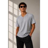 Erkek V Yaka Basic Tişört Kısa Kol Yazlık Regular Fit T-Shirt - Gri