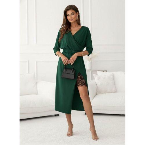 Kadın Uzun Kollu Kruvaze Yakalı Yandan Dantelli Midi Ithal Krep Elbise