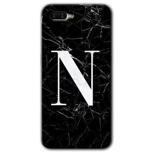 Oppo Rx 17 Neo Kılıf HD Desen Baskılı Arka Kapak + Temperli Cam - Siyah Mermer Desenli N Harfi
