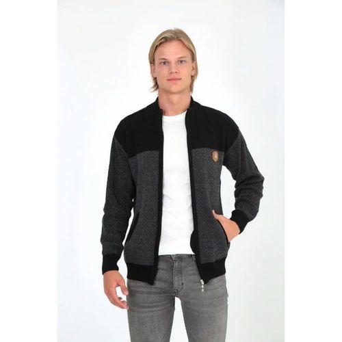 Erkek Fermuarlı Triko Hırka Yüksek Yaka, Cepli, Günlük Şık Rahat Kalıp Triko - Siyah