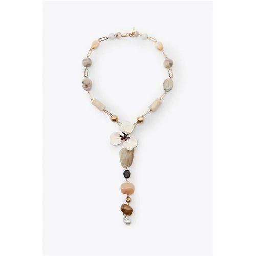 Taşlı Çiçek Kolye - Altın