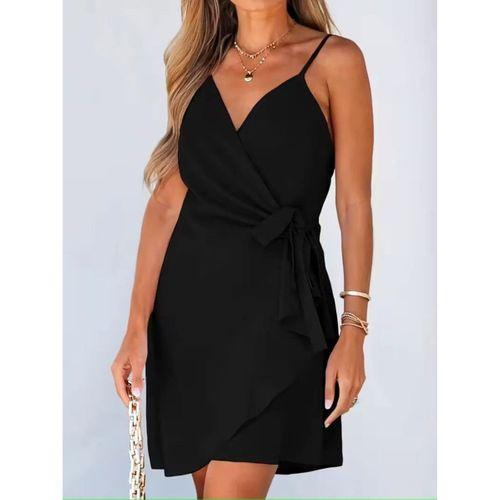 Kadın Ip Askılı Kruvaze Yakalı Belden Kuşaklı Kısa Janjan Krep Elbise