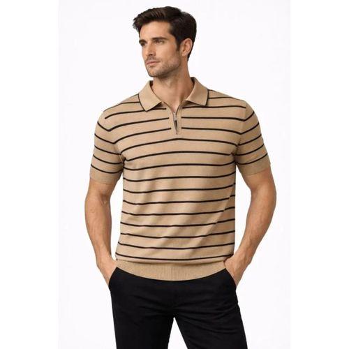 Erkek Triko Polo Yaka Fermuarlı Çizgili Tişört T-Shirt Yazlık Şık - Kahverengi