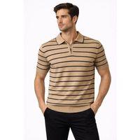 Erkek Triko Polo Yaka Fermuarlı Çizgili Tişört T-Shirt Yazlık Şık - Kahverengi