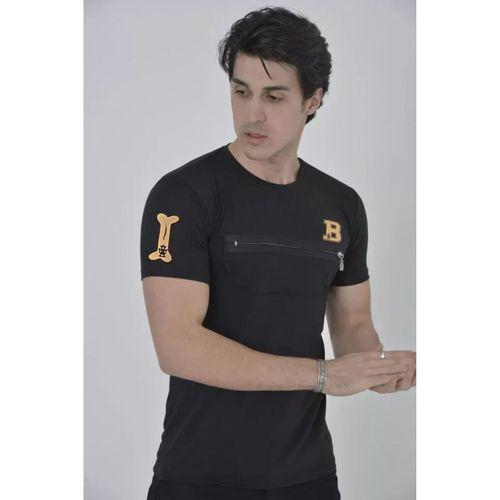 Unisex Göğüs Fermuarlı Baskılı T-Shirt - Siyah