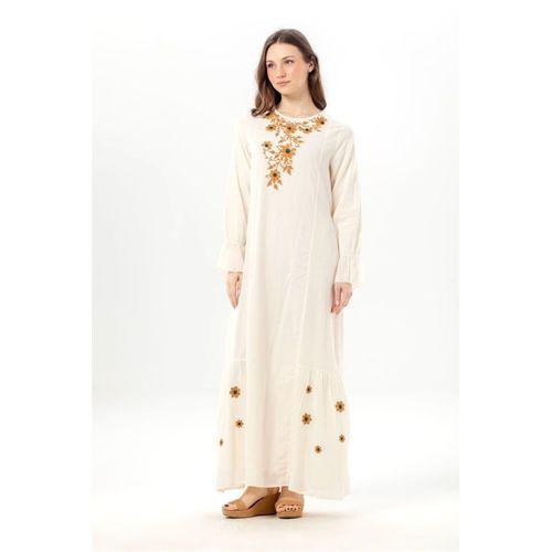 Uzun Kol Aysu Nakışlı Bisiklet Yaka Şile Bezi Yazlık Uzun Elbise Krem Krm