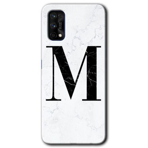 Realme 7 Pro Kılıf HD Desen Baskılı Arka Kapak + Temperli Cam - Beyaz Mermer Desenli M Harfi