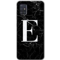 Samsung Galaxy A51 Kılıf Baskılı Kapak - Siyah Mermer Desenli E Harfi +Tam Kaplayan Mat Seramik