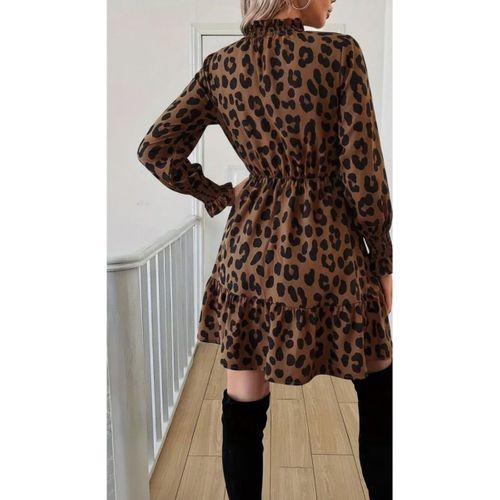 Kadın Uzun Kollu Yarı Balıkçı Yaka Leopar Desenli Modal Mini Elbise