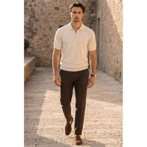 Linus Fermuarlı Polo Yaka Kısa Kollu İnce Triko Erkek T-Shirt - Bej