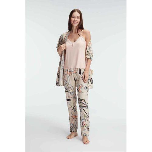 İp Askılı V Yaka Viskon Çiçek Desenli Yazlık Dantel Detaylı Pijama Sabahlık Takımı