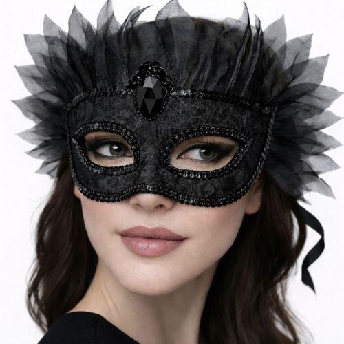 Siyah Taşlı Venedik Maskesi Lüks Tüllü Parti Maskesi