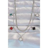 316L Çelik Gümüş Renk İtalyan Zincirli Renkli Mineli Çoklu Yonca Kolye