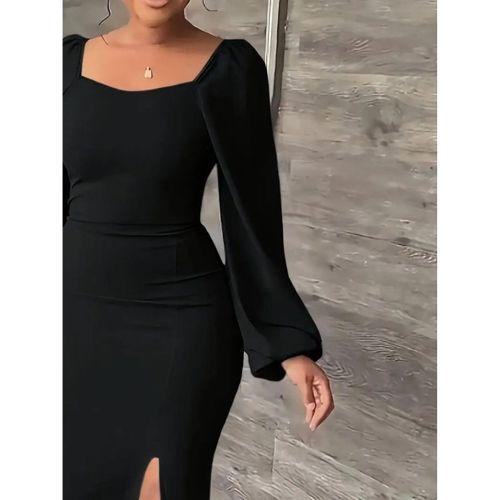 Kadın Uzun Kollu Geometrik Yakalı Yandan Yırtmaçlı Uzun Janjan Krep Elbise