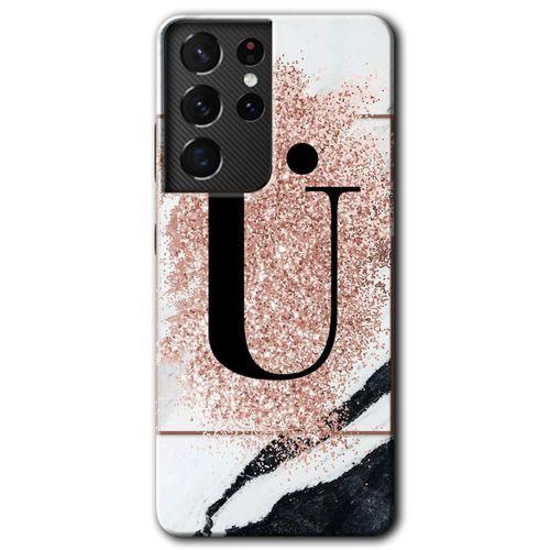 Galaxy S21 Ultra Kılıf HD Desen Baskılı Arka Kapak - Pembe Mermer Desenli Ü Harfi