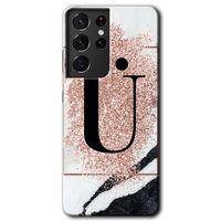 Galaxy S21 Ultra Kılıf HD Desen Baskılı Arka Kapak - Pembe Mermer Desenli Ü Harfi