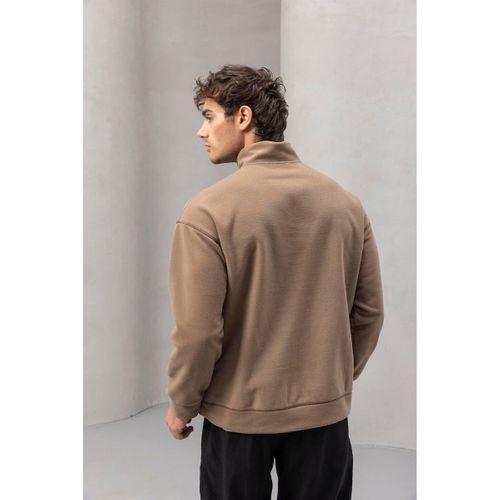 Crowe Çizgi Şeritli Oversize Yarım Fermuar Polar Erkek Sweatshirt - Bej