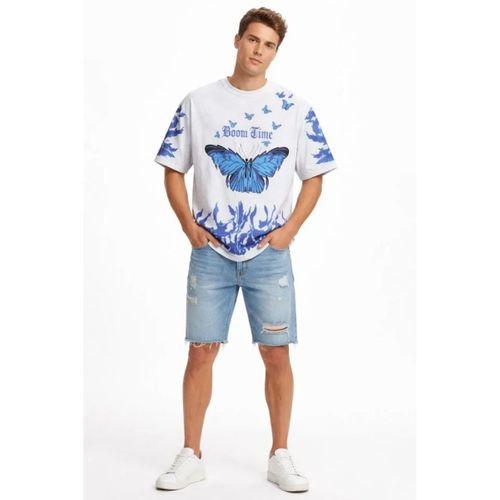 Erkek Asit Yıkamalı Oversize Tişört Mavi Kelebek Baskılı Dijital Print Bisiklet Yaka Streetwear T-Shirt - Beyaz