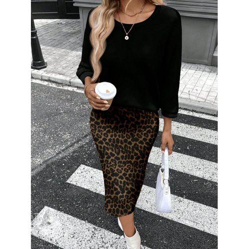 Kadın Uzun Kollu Bisiklet Yaka Modal Bluz Ve Leopar Desenli Etek Ikili Takım
