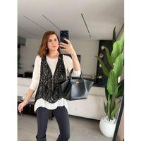 Kadın Uzun Kollu Asimetrik Kesim Bluz Ve Dantel Güpür Transparan Detay Fermuarlı Yelek Ikili Takım