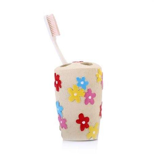 2 Adet Diş Fırçalık Renkli Papatyalı Poliresin 5X5X11Cm Banyo Seti