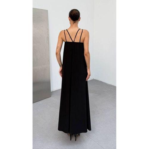 Kadın Omuz Askılı Kuş Gözü Zincir Detay Sandy Kumaş Maxi Boy Elbise