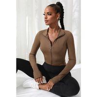 Kadın Kahverengi Uzun Kol Fermuarlı Parmak Geçme Detaylı Dik Yaka Crop Top Bluz