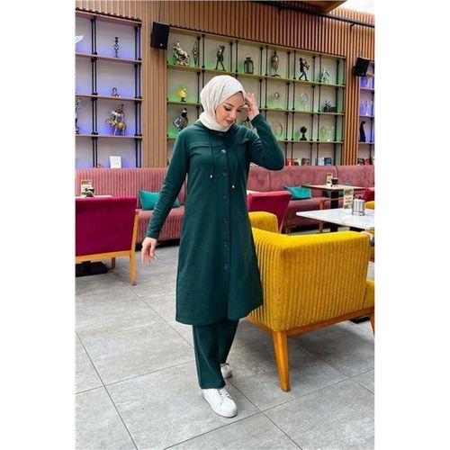 Kapşonlu Düğmeli Sade Basic Uzun Tunik ve Pantolon İkili Spor Takım - 03072.021 - Nefti