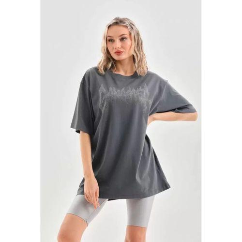 Pilelistore Unisex Taş Desenli Oversize T-Shirt - Füme