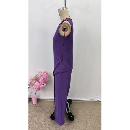 Kadın Askılı Yuvarlak Yakalı önü Asimetrik Detaylı Düğmeli Aerobin Bluz Ve Pantolon Ikili Takım