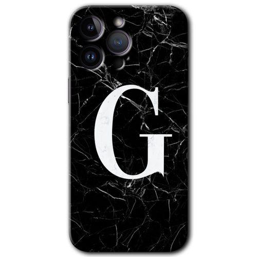 Potkal Hediye Fabrikası Potkal Hediye Fabrikası iPhone 14 Pro Kılıf HD Desen Baskılı Arka Kapak - Temperli Cam - Siyah Mermer Desenli G Harfi