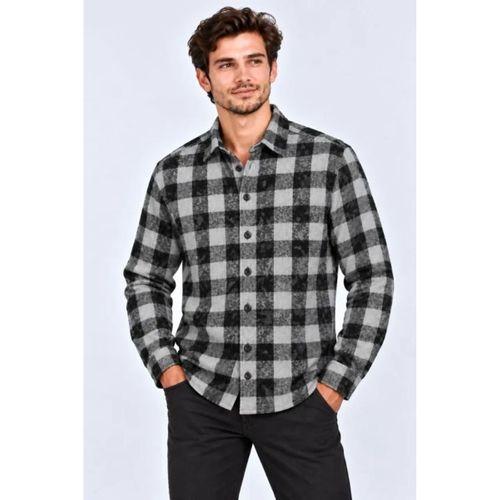Erkek Ekose Kareli Batik Yıkamalı Şardonlu Uzun Kollu Regular Fit Oduncu Gömlek - Siyah