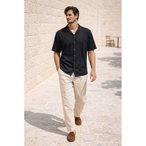 Doris Oversize Kalıp Odessa Kumaş Resort Yaka Kısa Kollu Erkek Gömlek - Siyah