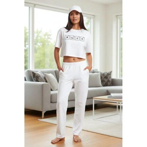 Kadın Beyaz Baskılı Crop T-shirt Pantolon Takım Rahat Günlük Spor Şık İkili Set