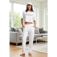 Kadın Beyaz Baskılı Crop T-shirt Pantolon Takım Rahat Günlük Spor Şık İkili Set