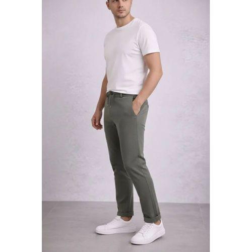 Erkek Diagonel Mikro Dokulu Duble Paça Cepli Pantolon Bağcıklı Bel, Modern Kesim - Haki