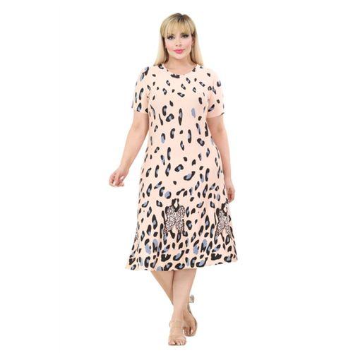 Melsay Butik Bej Kısa Kollu A Kesim Eteği Sulu Leopar Desen Midi Elbise