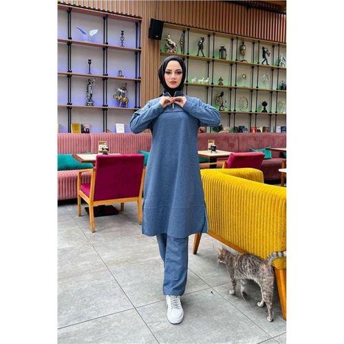 Dik Yaka Kısa Fermuarlı Yırtmaçlı Sade Basic Uzun Tunik ve Pantolon İkili Spor Takım - 03062.006 - İndigo