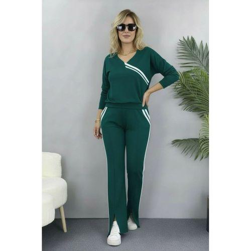 Kadın Uzun Kollu V Yakalı şerit Detaylı Viskon Iki Iplik Bluz Ve Pantolon Ikili Takım