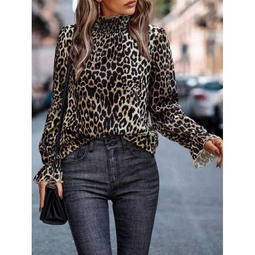 Kadın Uzun Kollu Gipe Detaylı Balıkçı Yaka Leopar Desenli Süprem Bluz