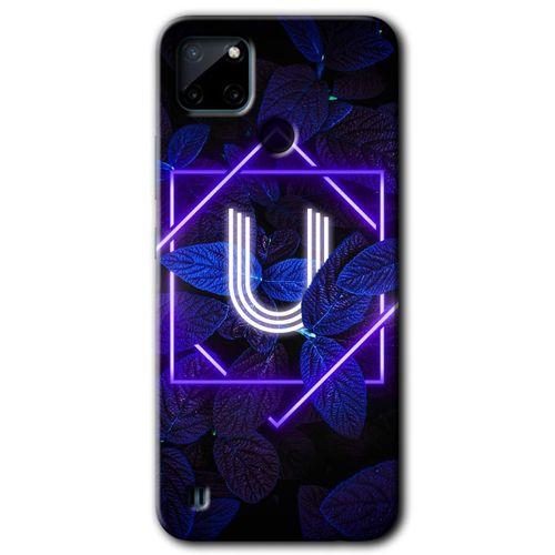 MRCİLETİSİM Realme C21 Kılıf Baskılı Kapak - Dark Neon Yaprak U Harfi + 5D Tam Kaplayan Cam
