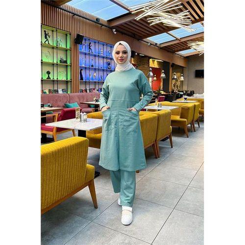 Önden İki Cepli Sade Basic Uzun Tunik Pantolon İkili Spor Takımı - 03067 - Çağla Yeşili