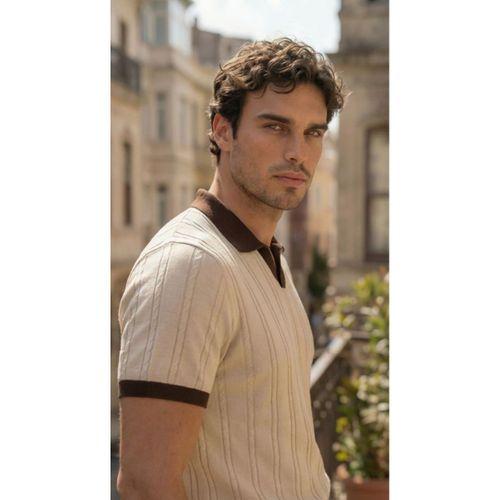 Erkek Örgü Desen Yakalı Kısa Kollu Triko Tişört - %100 Pamuk Akrilik