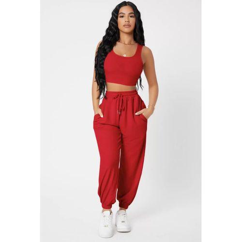Kadın Kırmızı Kaşkorse Cepli Jogger Eşofman Altı Ve Crop Top Bluz