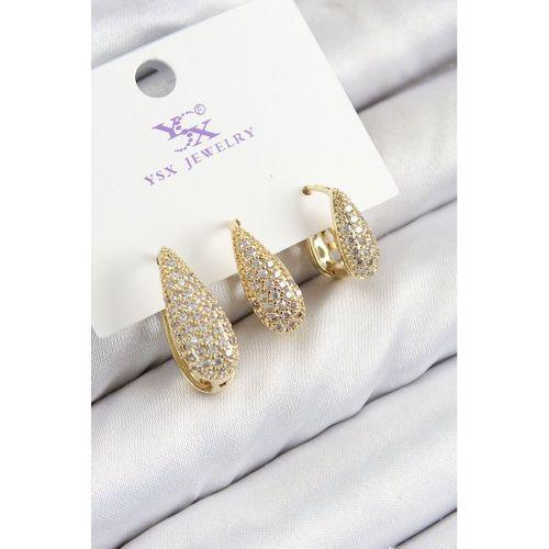 Pirinç Zirkon Taşlı 3'lü Damla Model Gold Renk Kadın Küpe
