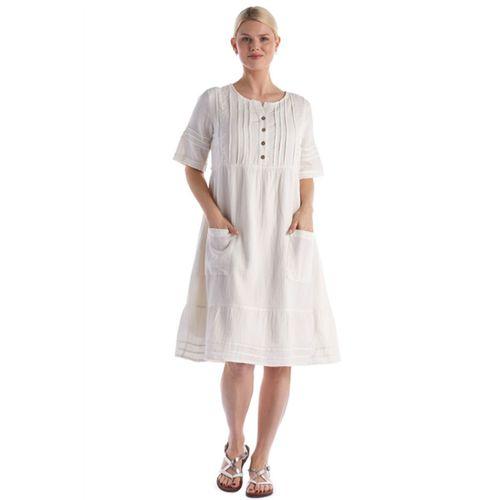 Kısa Kol Kırık Beyaz Kare Yaka Cep Detaylı Midi Boy Müslin Yazlık Elbise